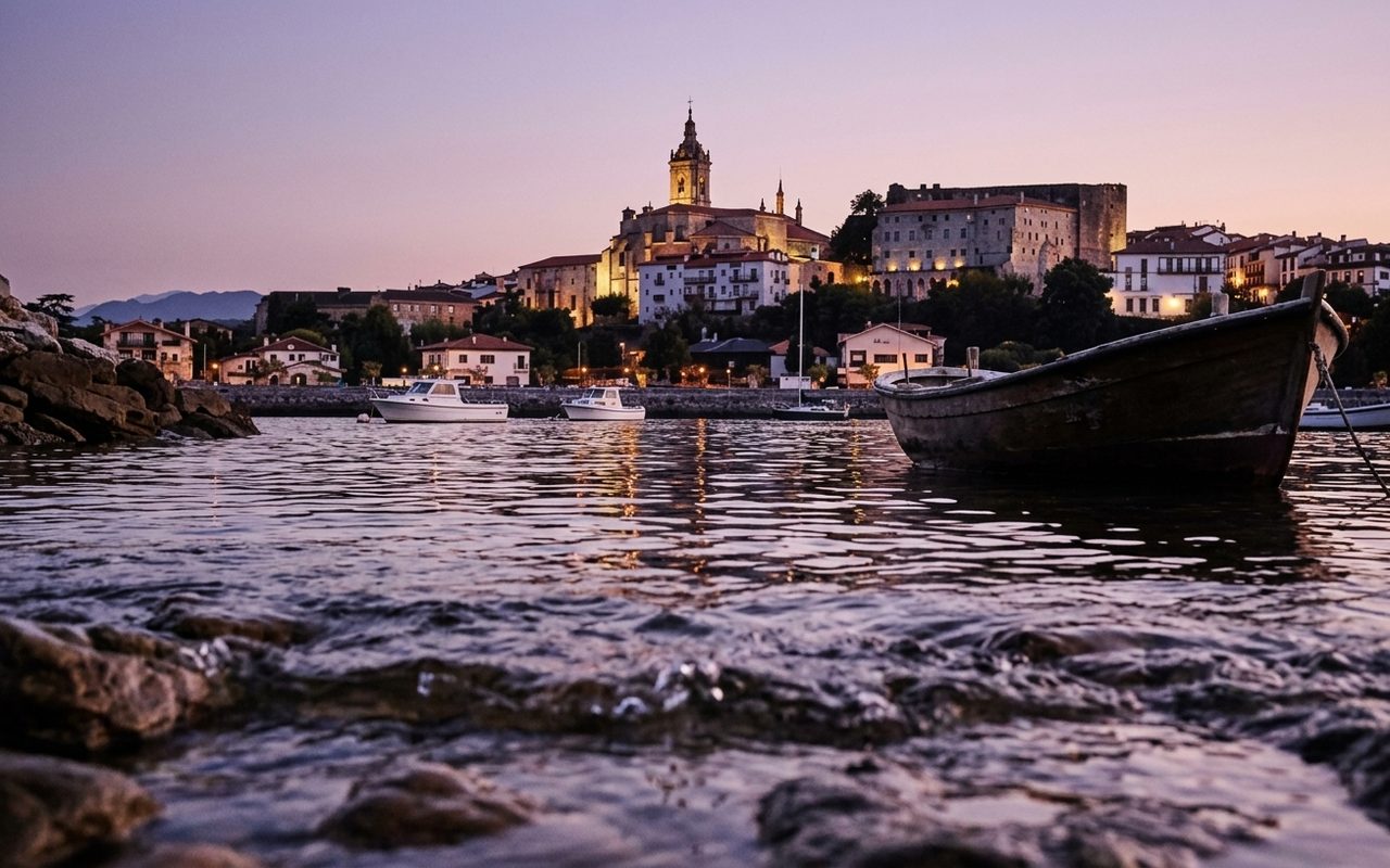 Fontarrabie et son église vues depuis la baie de Txingudi au coucher du soleil